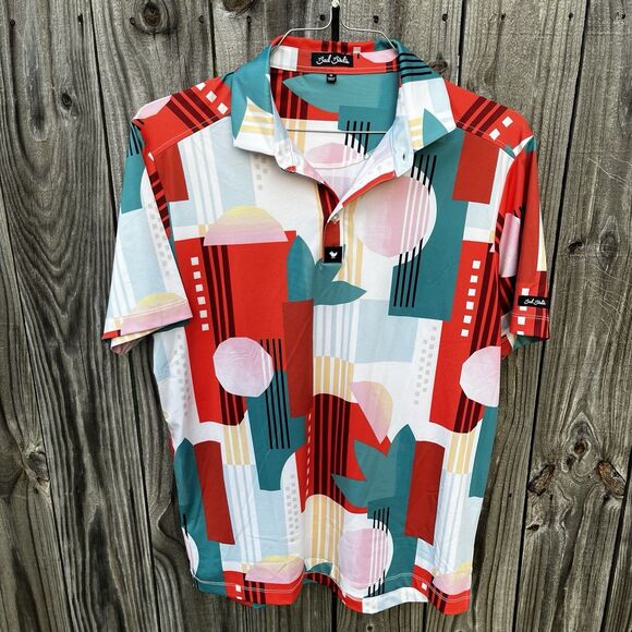 Bad Birdie Albatross Golf Polo Shirt Mens M Red Short Sleeve Abstract Floral - Picture 2 of 11